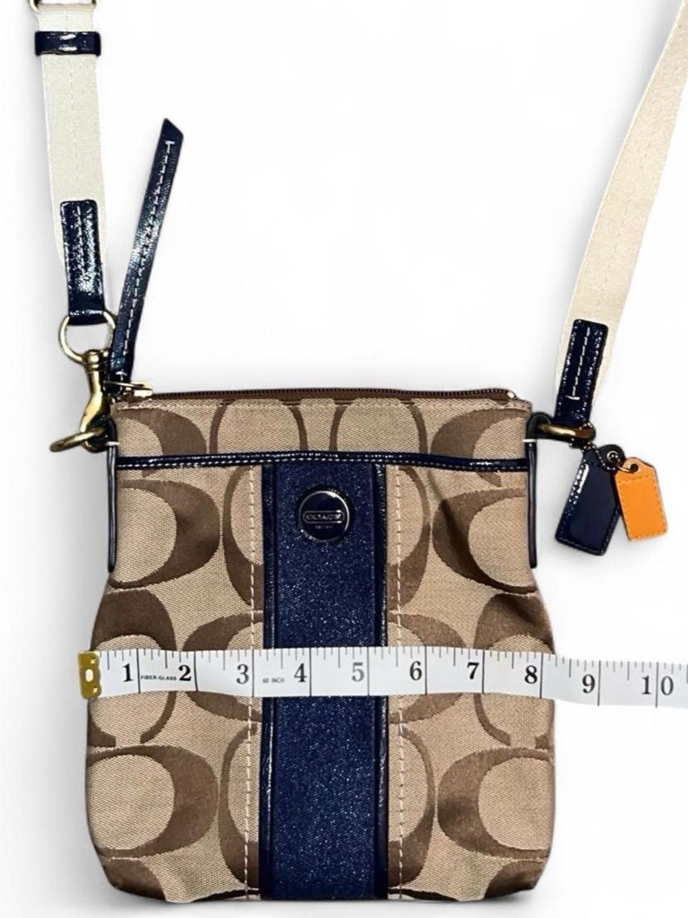 Coach Signature Canvas Crossbody Bag Tan Brown Navy Stripe Adjustable Strap